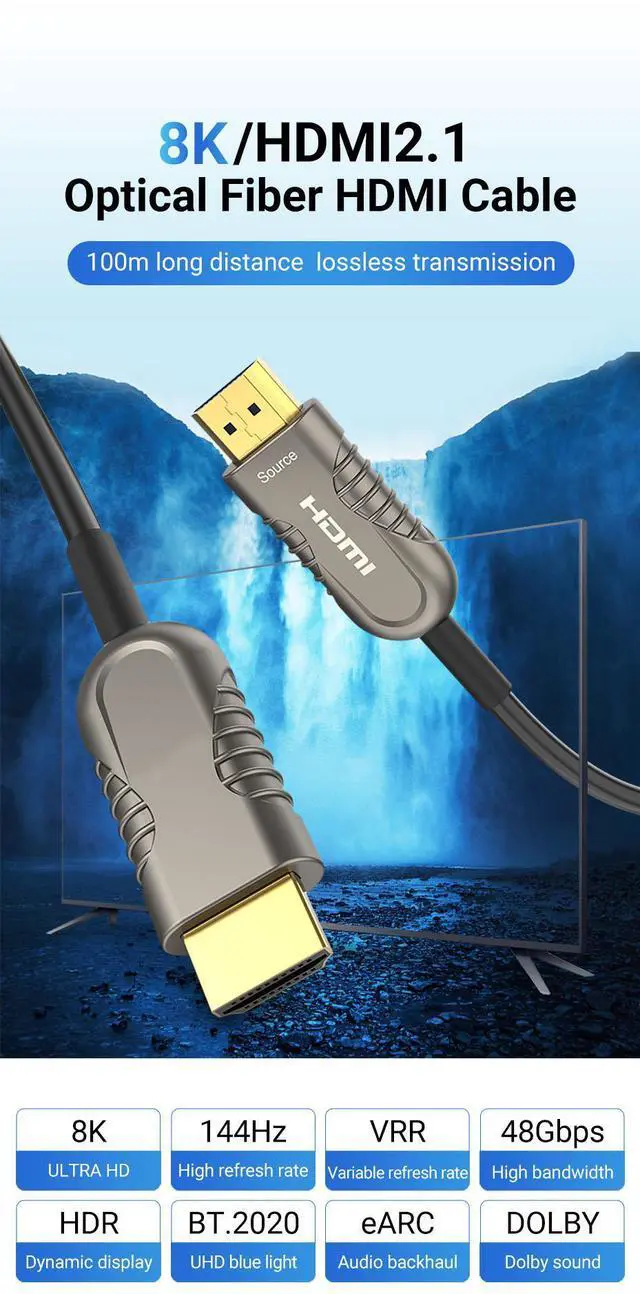 Alt view image 2 of 7 - WRIARICH 8K HDMI Cable Fiber Optic 16ft, 48Gbps Long Ultra High Speed HDMI 2.1 Cable, CL3 Rated in-Wall, 8K 60Hz 4K 120Hz, Dynamic HDR eARC HDCP 2.2&2.3 Compatible for PS5 Desktop Xbox Sony LG C9/B9