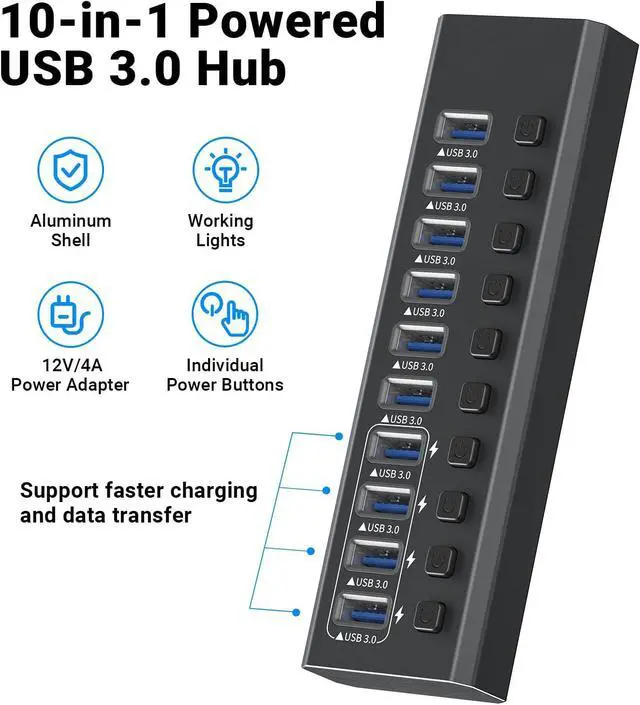 Alt view image 2 of 7 - WRIARICH Powered USB Hub, 10-Port USB 3.0 Hub Splitter (10 USB 3.0 Data Ports with 4 Smart Charging ) with Individual LED On/Off Switches, USB Hub 3.0 Powered with 48W AC Adapter for Mac, PC