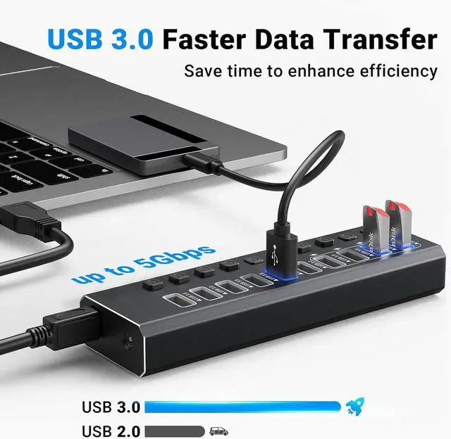 Alt view image 3 of 7 - WRIARICH Powered USB Hub, 10-Port USB 3.0 Hub Splitter (10 USB 3.0 Data Ports with 4 Smart Charging ) with Individual LED On/Off Switches, USB Hub 3.0 Powered with 48W AC Adapter for Mac, PC