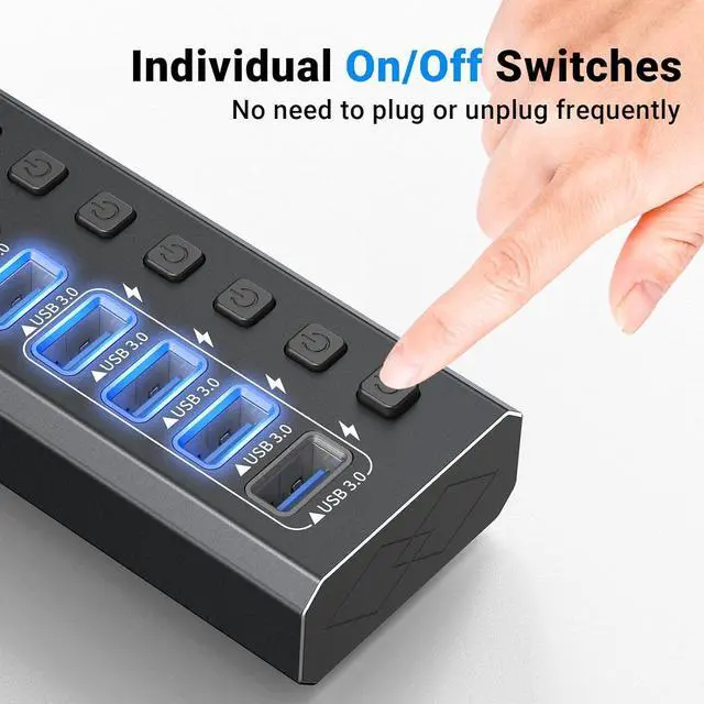 Alt view image 4 of 7 - WRIARICH Powered USB Hub, 10-Port USB 3.0 Hub Splitter (10 USB 3.0 Data Ports with 4 Smart Charging ) with Individual LED On/Off Switches, USB Hub 3.0 Powered with 48W AC Adapter for Mac, PC