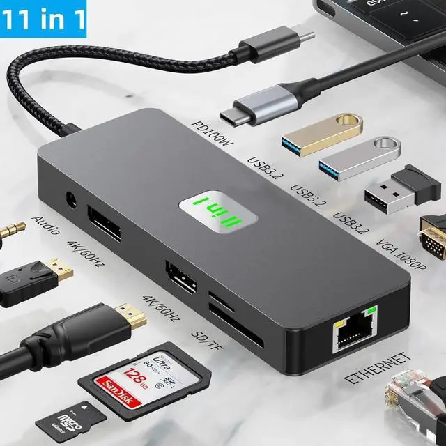 Main image of WRIARICH HDMI+DP Laptop Docking Station, USB C Dock 3 Monitors, 11 in 1 USB C to 4k60 HDMI Adapter with DP+VGA, 3*10Gbps USB A 3.2, 00W PD, Ethernet,SD/TF,Audio Port for Laptop PC