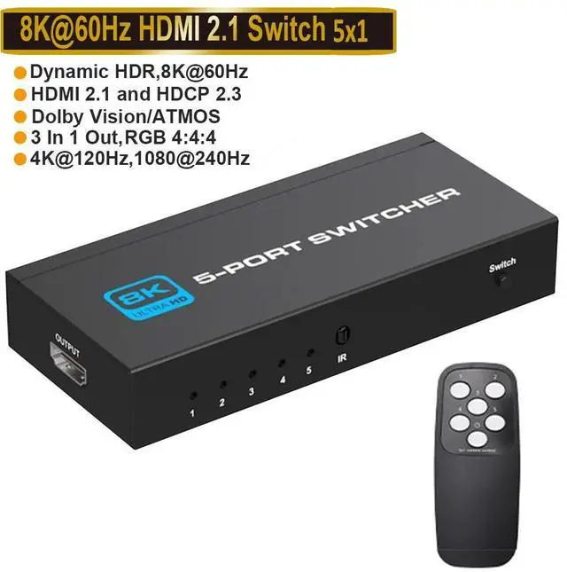 Main image of WRIARICH 8K@60Hz HDMI Switch 5 in 1 Out w/IR Remote Control, 5 Port Switcher Selector Box for Xbox Nintendo PS5 PS4 TV Fire Stick Supports Ultra HD Dolby Vision, 48Gbps, HDR10, HDCP 2.3 & 3D - OZ8Q5