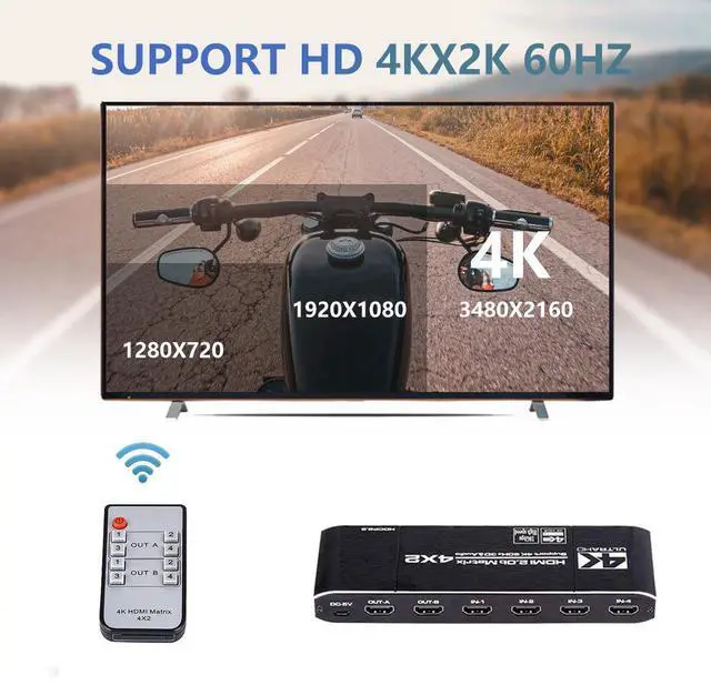 Alt view image 6 of 7 - WRIARICH 4x2 HDMI Matrix, 4K@60Hz 4 in 2 Out HDMI Switch Splitter with IR Remote, HDMI Matrix Switch + Coaxial + Optical + 3.5mm Audio Output, Support HDMI2.0, HDCP2.2, EDID, 3D, Audio Extractor