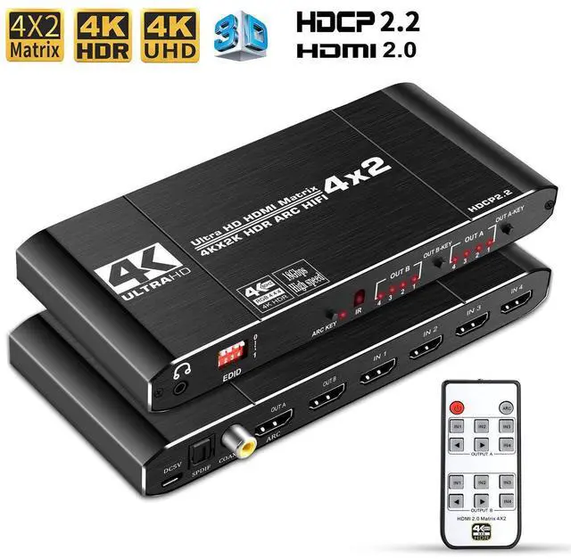 Main image of 4x2 HDMI 4K Matrix Switch/Splitter, (4-Input, 2-Output) with Remote Control Supports Ultra HD 4K@60Hz 4:4:4, HDR, YUV, HDMI 2.0, HDCP 2.2, 3D, 1080p, 18GBPS - ARC/SPDIF, Coaxial, 3.5mm Stereo Audio