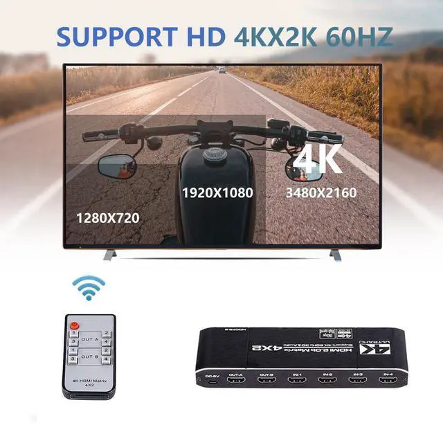 Alt view image 6 of 7 - 4x2 HDMI 4K Matrix Switch/Splitter, (4-Input, 2-Output) with Remote Control Supports Ultra HD 4K@60Hz 4:4:4, HDR, YUV, HDMI 2.0, HDCP 2.2, 3D, 1080p, 18GBPS - ARC/SPDIF, Coaxial, 3.5mm Stereo Audio