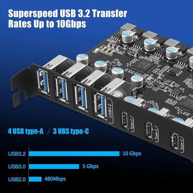 Alt view image 2 of 7 - WRIARICH 10Gbps PCI-E USB Card, PCI-E to USB 3.2 7-Port (3X USB C - 4X USB A 3.2) Expansion Card, PCI Express Expansion Card for Desktop PC Support Windows 10/8/7/XP and MAC OS 10.8.2 Above