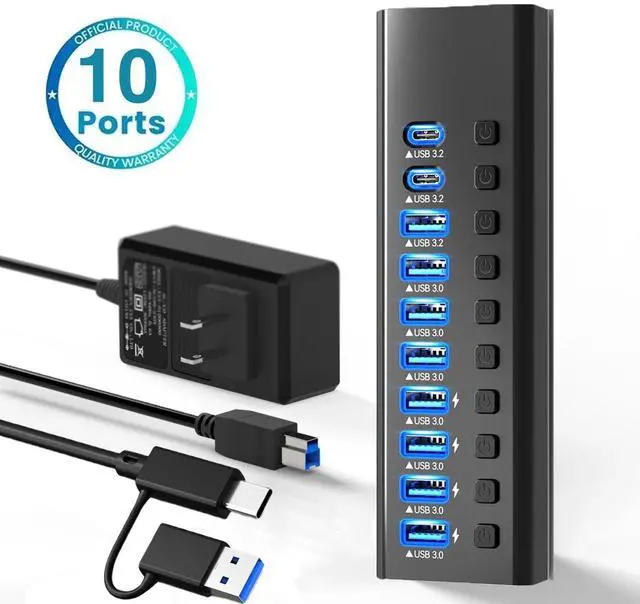Main image of WRIARICH Powered Hybrid USB-A/C Hub10 Ports 48W Powered USB Hub Aluminum USB Splitter with Individual On/Off Switches and 12V Power Adapter for PC, Laptops, MacBook Pro/Air, iMac,