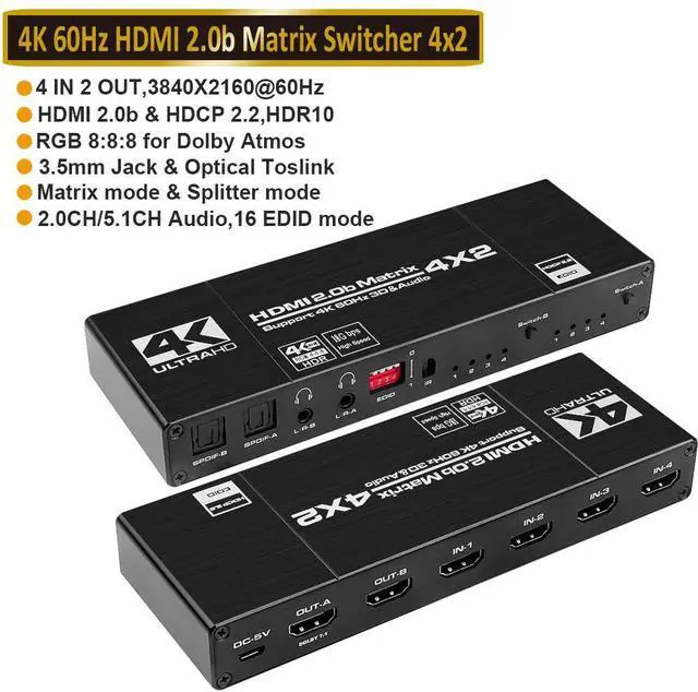 Main image of WRIARICH 4x2 HDMI Matrix Switch 4K - 4K 60Hz RGB 8:8:8(Dolby ATMOS), 18Gbps, HDR10, Control via Remote, 2xSPDIF Audio, 2x3.5mm L/R Audio Audio Extractor, 4 in 2 Out Video Matrix Switch (OZJ1-1)