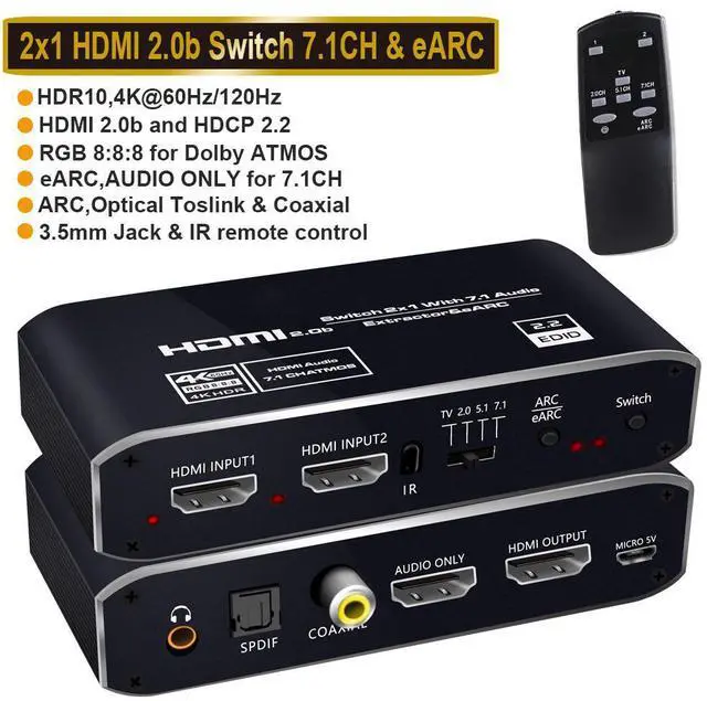 Main image of WRIARICH 4K@ 60Hz HDMI Switch Audio Extractor, 2 in 1 Out HDMI Splitter with 3.5mm Audio Jack + Coaxial + Optical Toslink SPDIF for Support HDMI 2.0 1080P/ 3D/ 4K