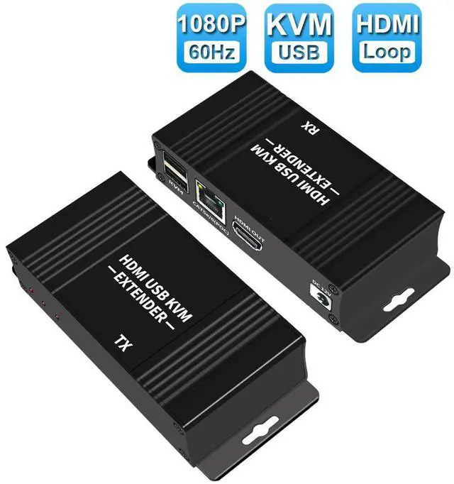Main image of WRIARICH 1080P@60Hz HDMI KVM Extender Over Cat5 / cat6 Ethernet up to 196ft with PoC, Supports Keyboard and Mouse USB HDMI Loopout (Transmitter and Receiver)