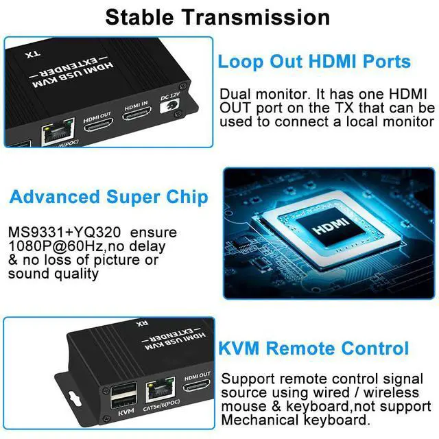 Alt view image 5 of 7 - WRIARICH HDMI KVM USB Extender, HDMI KVM Extender HD 1080P@60HZ Up to 6m(196ft),HDMI Extender Over Cat5e/6 with Loop Out Function - USB Keyboard Mose Support and IR Control