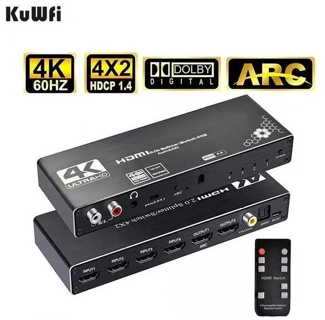 Main image of WRIARICH 4K@60Hz HDMI Matrix Switch 4 in 2 Out Switcher 18G Ultra HD Supports Up to 4K @ 60Hz & 1080P EDID HDCP 2.2 HDR10- Remote Control (OZJ1)