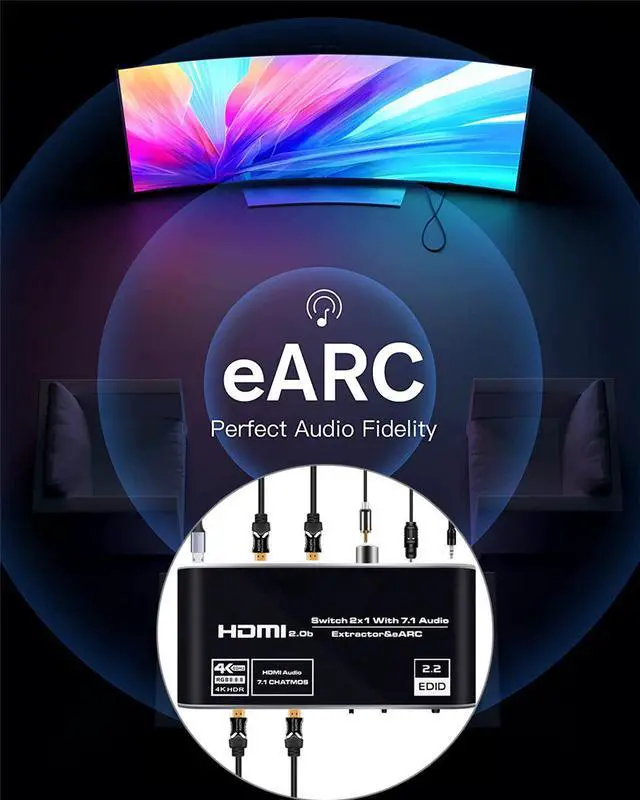 Alt view image 6 of 7 - HDMI Switch 2x1 with Audio Extractor, 4K@60Hz HDMI Switcher 2 in 1 Out Switch Box Hub with 3.5mm Audio Jack + Coaxial + Optical Toslink SPDIF Compatible with Apple TV PS5 PS4 Xbox Fire Stick Blu-Ray