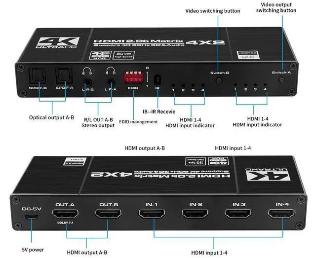 Alt view image 2 of 7 - WRIARICH 4K HDMI Matrix Switch 4 X 2 ,4 in 2 Out Video Switcher Splitter, 2xOptical SPDIF and 2x3.5mm L/R Audio Output with IR Remote Controller,Support 4K@60Hz 3D 18.5Gbps, HDMI 2.0b, HDCP 2.2,HDR10