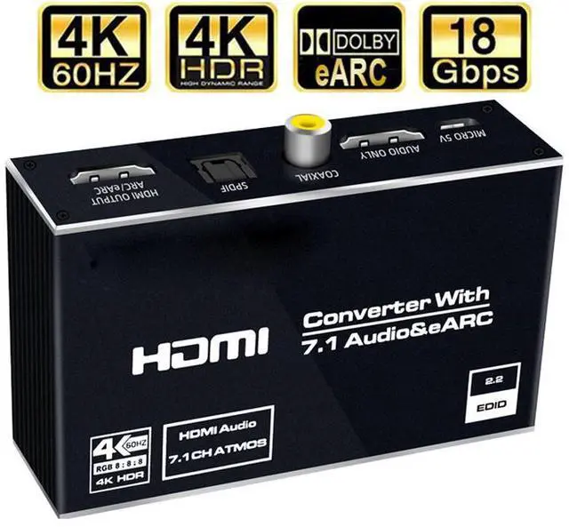 Main image of WRIARICH 4K@60HZ HDMI 2.0b Audio Extractor 18Gbps HDMI 2.0 ARC 7.1CH Support - HDCP 2.2 - EDID,Dolby Vision,HDR 10 Support Optical Toslink SPDIF 7.1Ch 3.5mm Audio Jack