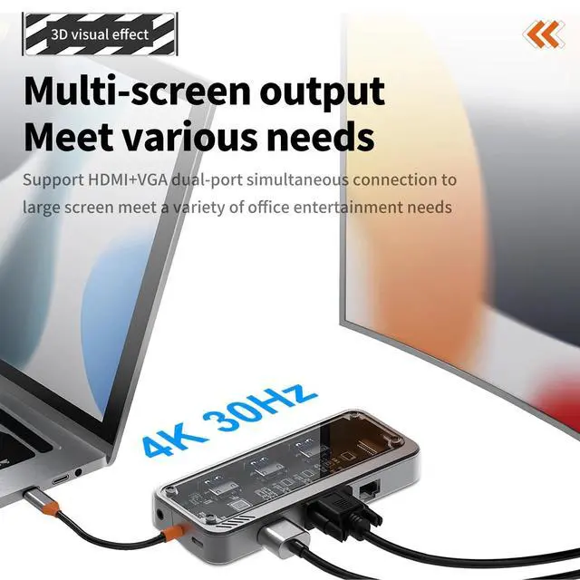 Alt view image 2 of 7 - WRIARICH Transparent USB-C Hub (10-in-1) with 4K HDMI&VGA Display, 3 x USB-A 5Gbps Data Ports and 100W PD, SD/TF, 1000M Ethernet for MacBook Pro, MacBook Air, Laptops and More