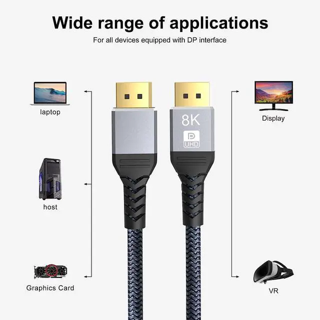Alt view image 2 of 7 - 8K DisplayPort to DisplayPort Cable, 33 Feet, Gold-Plated Display Port 1.4 Cable (8K@60Hz 4K@120Hz 165Hz 144Hz) DP Cable Compatible with Dell, Monitor, Projector, Desktop, AMD, NVIDIA, Lenovo, HP