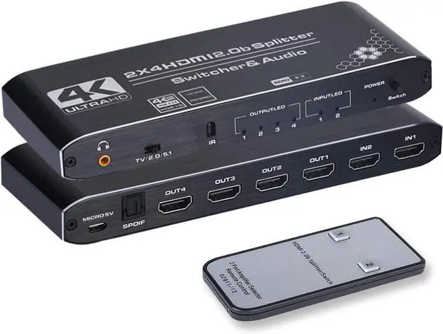 Main image of 4K@60Hz HDMI Switch Splitter 2x4 with Audio Extractor, HDMI2.0b Switch Box with HDMI Toslink SPDIF /3.5mm Audio Out, HDMI Selector Switch with Remote, Support HDCP 2.2, HDMI2.0b, RGB4:4:4, 4K HDR