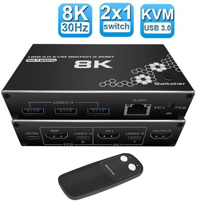 Main image of 8K@30Hz USB HDMI KVM Switch 2 in 1 Out Box, 2 Computers Share One Monitor, rj45 ports and 3USB2.0 Port USB KVM Switcher Adapter Support Wireless Keyboard and Mouse, USB Disk, Printer, USB Camera