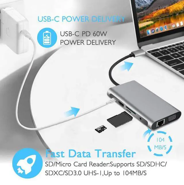 Alt view image 4 of 7 - WRIARICH USB C HUB to HDMI Dock 10 in 1 Thunderbolt 3 Type C Adapter USB 3.0 Port 4K HDMI 1080P VGA RJ45 Gigabit Ethernet For Macbook Pro