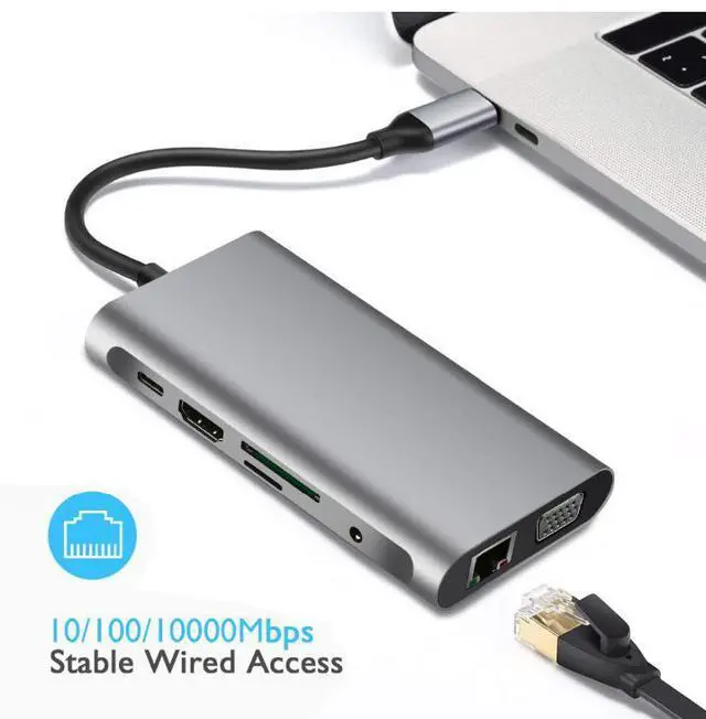 Alt view image 5 of 7 - USB C Hub, LUOM Upgraded 10 in 1 USB Type C Adapter with Gigabit Ethernet Port,PD Type C Charging Port,4K HDMI,VGA,SD TF Card Reader,3 USB Ports and Audio Port Compatible for MacBook,USBC Laptop