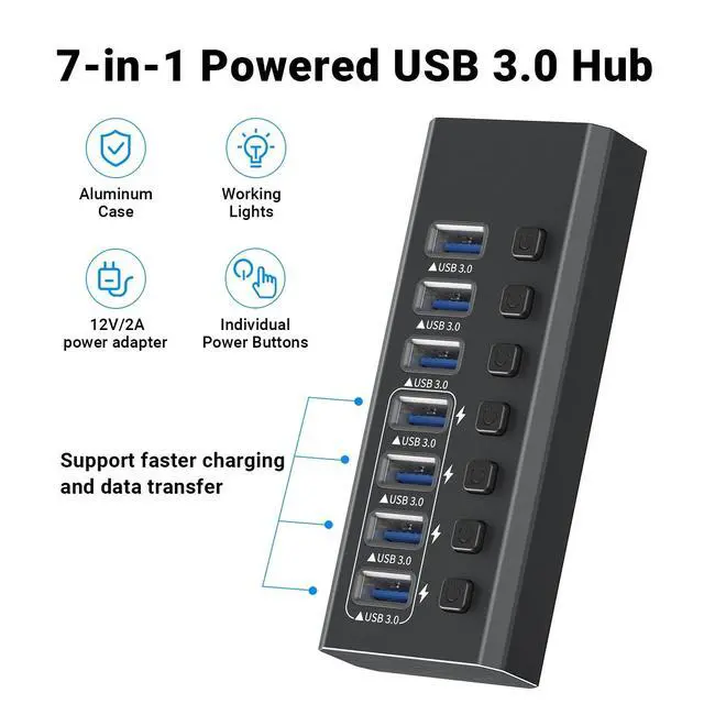 Alt view image 2 of 7 - WRIARICH USB Hub 3.0 Powered, 7 Ports USB Data Hub Splitter with 4 Smart Charging Port and 12V Powered Adapter and ON/Off Switches for MacBook, Mac Pro/Mini, iMac, Surface Pro Laptop/PC