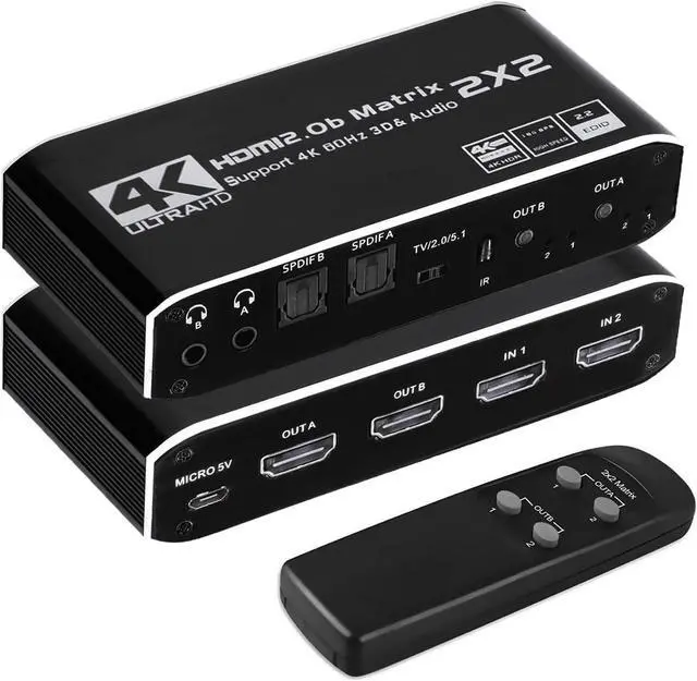 Main image of WRIARICH 2x2 HDMI Matrix, 4K@60Hz 2 in 2 Out HDMI Switch Splitter with IR Remote, HDMI Matrix Switch + 2xOptical + 2x3.5mm Audio Output, Support HDMI2.0, HDCP2.2, Auto Downscaler, 3D, Audio Extractor