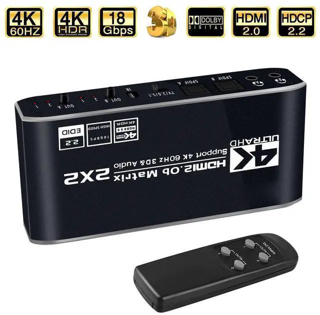 Main image of HDMI Matrix 2x2 , 4K HDMI Matrix Switch 2 in 2 Out Switcher Splitter Box with 2xSPDIF Audio, 2x3.5mm L/R Audio and IR Remote Control, Support Ultra 4K HDR,4Kx2K@60Hz, 3D, 1080PHDMI 2.0b, HDCP 2.2