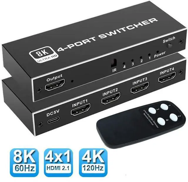 Main image of WRIARICH 8K HDMI 2.1 Switch,4 in 1 Out HDMI Switcher Box with IR Remote Control,4 Port HDMI 2.1 Switcher Selector Support for 8K@60Hz, 4K@120Hz,Compatible for Xbox,PS4/5,Laptop,Blue-ray Player