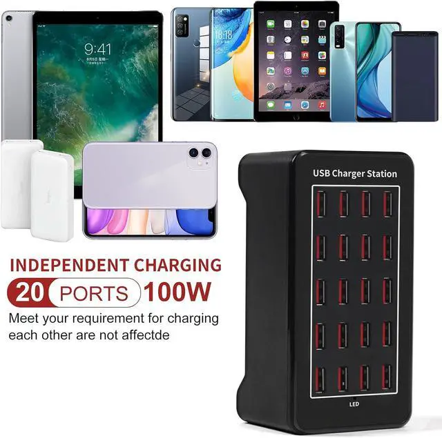 Alt view image 6 of 7 - WRIARICH Multiple USB Charging Station, 20 Ports 100W(20A) Fast Charger Station with Power Switch, Desktop Charging Station for Multiple Devices Compatible with Cell Phones iPad Kindle Tablet - Black