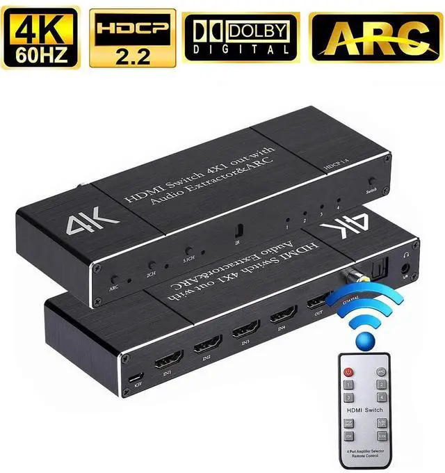 Main image of WRIARICH 4x1 HDMI 2.0 4K 60Hz Switch with ARC & Audio Extractor, IR Remote Control, HDR 10, HDCP 2.2, , SPDIF, for PS4, Xbox, Apple TV and More, OZQ7