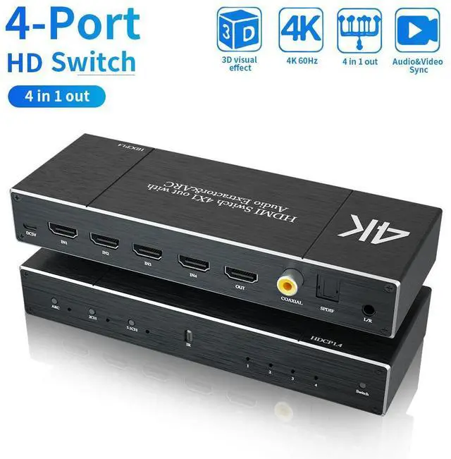 Main image of WRIARICH 4K 60Hz HDMI 2.0 Switch 4 Port with Audio Extractor and ARC, Support Coaxial3.5mm AUXOptical Audio Out, HDMI Splitter with Remote Support HDR, HDCP2.2, 3D,18Gbps, Dolby Vision , OZQ7