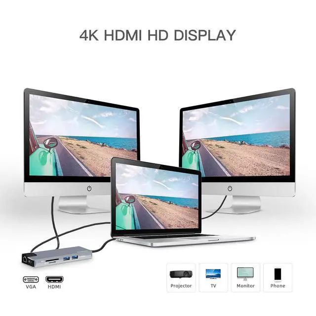 Alt view image 4 of 7 - USB C Hub 9-in-1 Type C Hub with Gigabit Ethernet Port 2 USB 3.0 Ports SD/TF Card Reader, 3.5mm Audio Jack USB-C Power Delivery 4K USB C to HDMI VAG Portable for Mac Pro and Other Type C Laptops