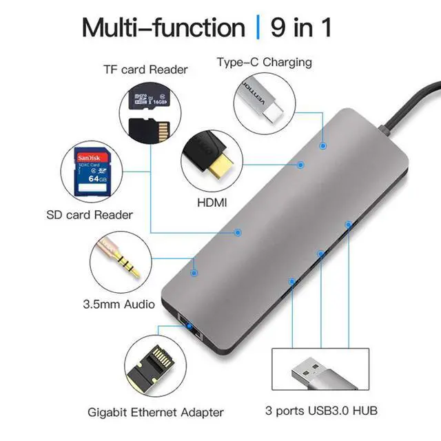 Alt view image 3 of 7 - USB C HUB, USB C Docking Adapter,9 in 1 USB Type C Adaptor With 4K HDMI,3 USB 3.0 Ports,SD TF Card Reader,60W Power Delivery, Audio/Mic Compatible For MacBook Other Type C Laptop and Some Mobile Phone