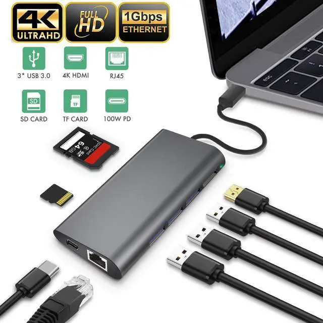 Alt view image 2 of 7 - USB C Hub, 8 In 1 USB C to HDMI Adapter with 1000M Ethernet, Power Delivery Type C Charging Port, SD&TF Reader, 3 USB 3.0 Ports Adapter Compatible for MacBook Pro, Chromebook, XPS, and USB C devices