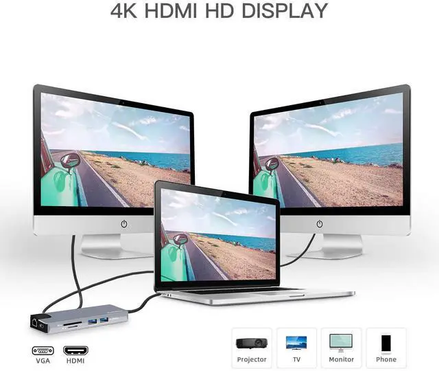 Alt view image 6 of 7 - USB C Hub Multiport Adapter - 9 in 1 Portable Space Aluminum Dongle with 4K HDMI Output, 60W PD 3.0, 2 USB 3.0 Ports, Gigabit Ethernet, SD/Micro SD Card Reader, Mic/Audio Compatible for MacBook Pro