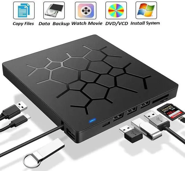 Main image of WRIARICH 7 -in-1 External DVD Drive with 4 USB Ports and 2 SD Card Slots, USB 3.0 External DVD CD ROM Drive, USB-C External DVD Player, Portable DVD +/- RW Optical Drive for Windows 7/8/10/Linux