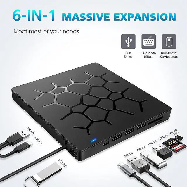 Main image of 2022 New External CD DVD Drive, Portable USB 3.0 CD DVD +/-RW Drive Burner Player, with 4 USB Ports and 2 SD Card Slots Compatible for Windows 7/8/10 Laptop Computer Surface Pro Mac MacBook Air iMac