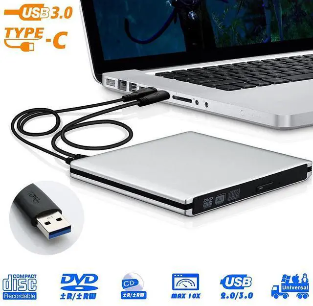 Main image of Aluminum External CD DVD Drive, CD ROM Drive, Type C USB 3.0 External CD DVD Player Burner Writer Rewriter USB 3.0 for Laptop/Desktops with Mac 10 OS Windows/Vista/7/8.1/10 Linux System, Silver
