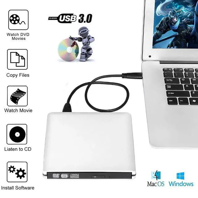 Alt view image 2 of 7 - Aluminum External CD DVD Drive, CD ROM Drive, Type C USB 3.0 External CD DVD Player Burner Writer Rewriter USB 3.0 for Laptop/Desktops with Mac 10 OS Windows/Vista/7/8.1/10 Linux System, Silver