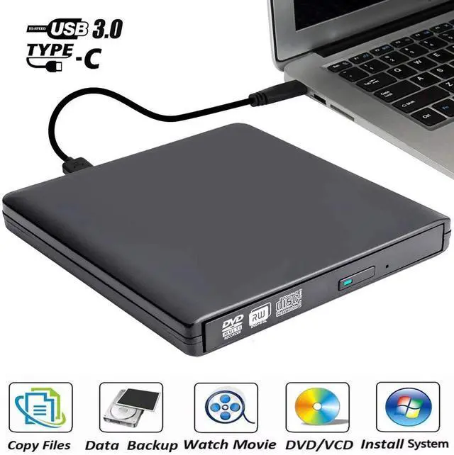 Main image of Aluminum External CD DVD Drive, USB 3.0 Type-C Portable CD/DVD /-RW Drive/DVD Optical Drive disc Player for Laptop Slim CD ROM Rewriter Burner for Mac Laptop Desktop PC Windows Linux OS(Black)