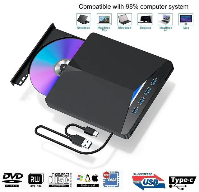 Main image of WRIARICH Type-C External CD DVD Drive, Portable USB 3.0 CD DVD +/-RW Drive Burner Player, with 4 USB3.0 Ports TF SD Card Slots Compatible for Windows 7/8/10/11 Laptop Computer Mac MacBook Air iMac