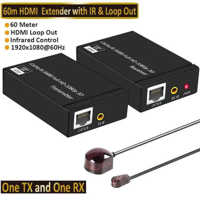 Main image of HDMI Extender Kit, 60 Meter HDMI Extender Via Single RJ45 Cat6e Ethernet Cable Transmit Up to 60M, Support 1080p, 3D, HDCP, with EDID Management and Loop Out Function (Transmitter and Receiver)