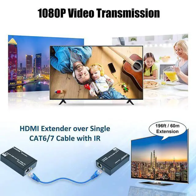 Alt view image 4 of 7 - WRIARICH 196ft/60m HDMI Extender Over Cat 5e/6, 1080P HDMI Ethernet Extender Adapter with IR Remote Control Support 3D, EDID, Deep Color, Compatible with DVD, Fire Stick, Roku, PS5 (Tx + Rx)