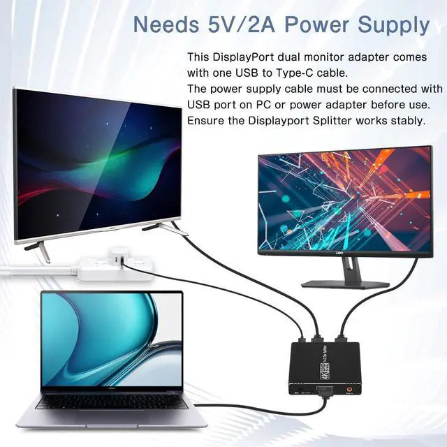 Alt view image 5 of 7 - WRIARICH DisplayPort to Dual DisplayPort Adapter (4K@144Hz) Display Port 1 in 2 Out Splitter with Audio Extractor for Dual Monitor Extended Display, MST DP to 2 DP Adapter for PC, Graphics Card