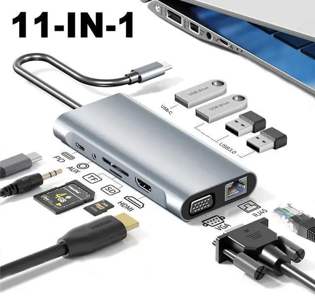 Main image of WRIARICH Aluminum 11 in 1 USB C Hub, Multiport USB Splitter Expand with 4 USB Port & TF/SD Card Reader, HDMI,100W PD, VGA, Gigabit, Audio for MacBook Pro Air, for iPad Pro Laptop and More Devices