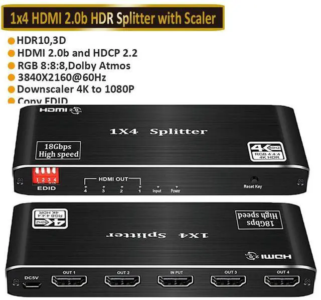 Main image of WRIARICH 4K 1x4 HDMI Splitter with EDID- 1 Port to 4 HDMI Display Duplicate/Mirror - Powered Splitter Ver 2.0 Certified for Full HD 4k 1080P High Resolution & 3D Support (One Input To Four Outputs)