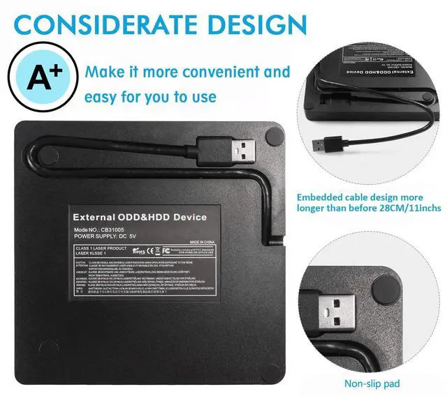 Alt view image 7 of 7 - WRIARICH Diamond Pattern External CD DVD Drive, USB 3.0 Portable DVDs CD DVD +/-RW Drive Burner Reader Player Compatible with Notebook Laptop Macbook Desktop PC Windows (Black)