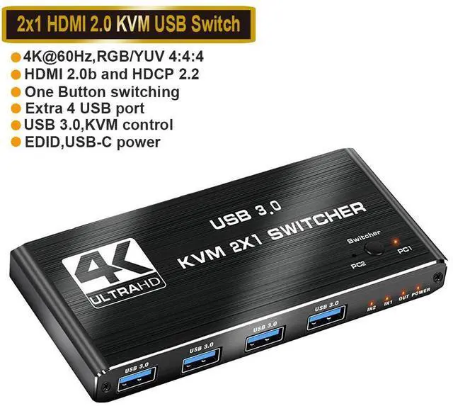 Main image of WRIARICH 4K@60Hz KVM Switch HDMI + USB 4K@60Hz 2 in 1 Out KVM Switch 1 Monitors 2 Computers,with 4 USB3.0 Ports Output, PC Monitor Keyboard Mouse Switcher