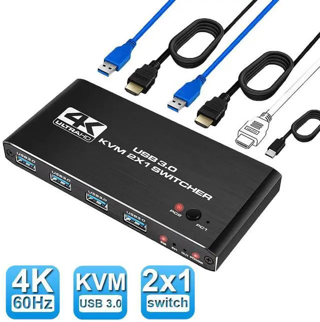 Main image of WRIARICH 2x1 HDMI KVM Switch 2 Port 4K@60Hz 2K@120/144Hz, 2 Computers Sharing 1 Monitor and 4 USB3.0 Ports Keyboard Mouse Peripherals Selector Box